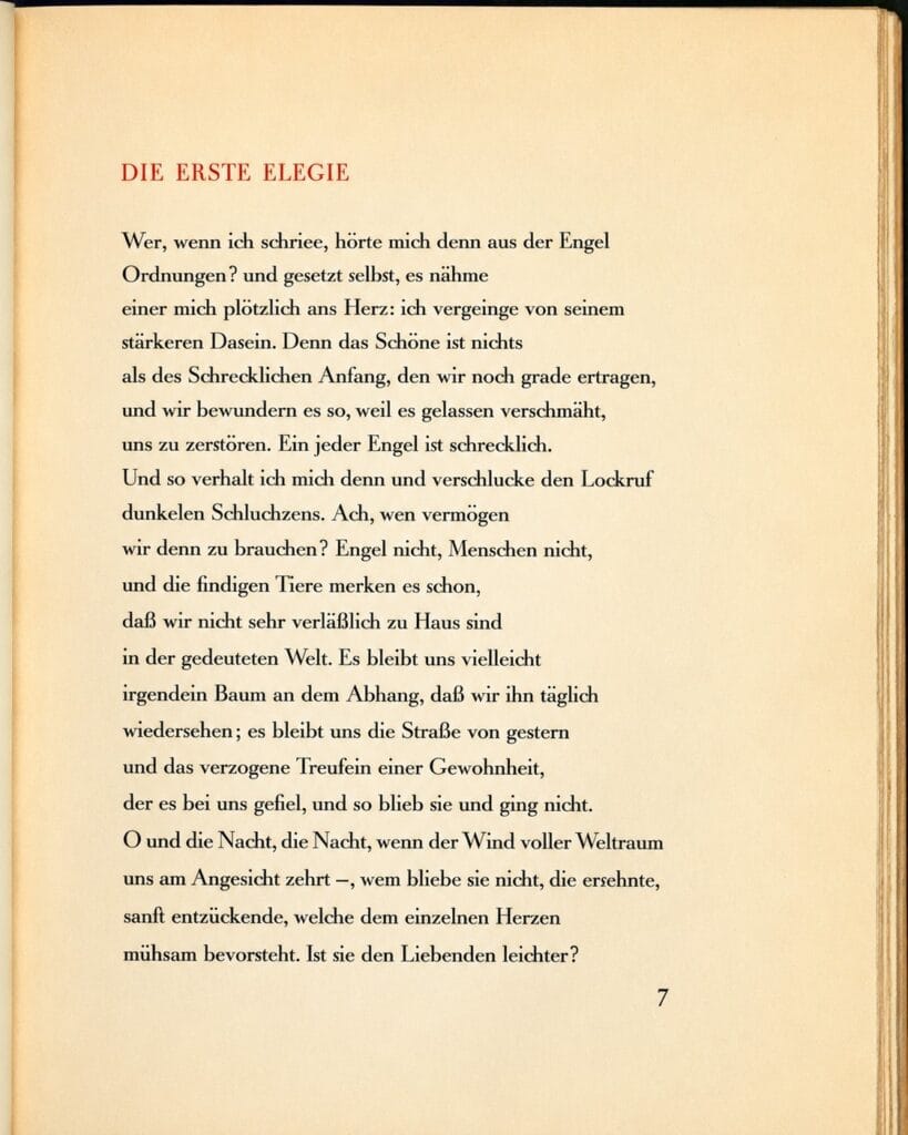 Opening page of the First Elegy in Rainer Maria Rilke's Duineser Elegien, beginning with the famous line 
