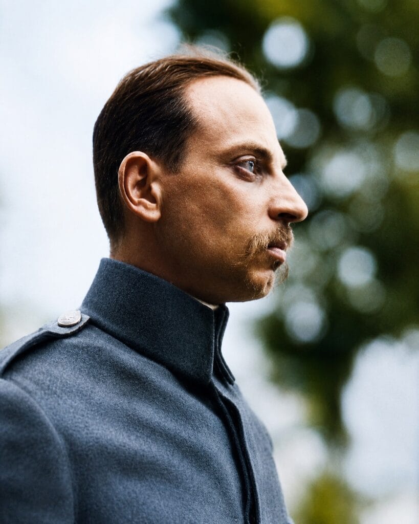 Profile portrait of Rainer Maria Rilke in Austro-Hungarian military uniform during the First World War, when he was conscripted in 1916 and assigned clerical duties in Vienna.