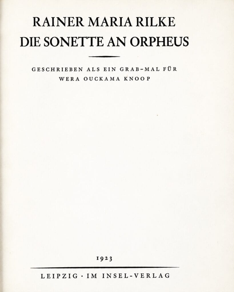 Title page of the 1923 first edition of Rainer Maria Rilke's Die Sonette an Orpheus, published by Insel-Verlag in Leipzig and dedicated as a memorial to Wera Ouckama Knoop.