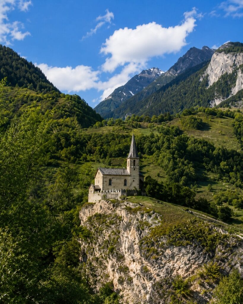 The old Church of St. Romanus standing on a hill above Raron, surrounded by the mountains of the Rhône Valley in Switzerland.