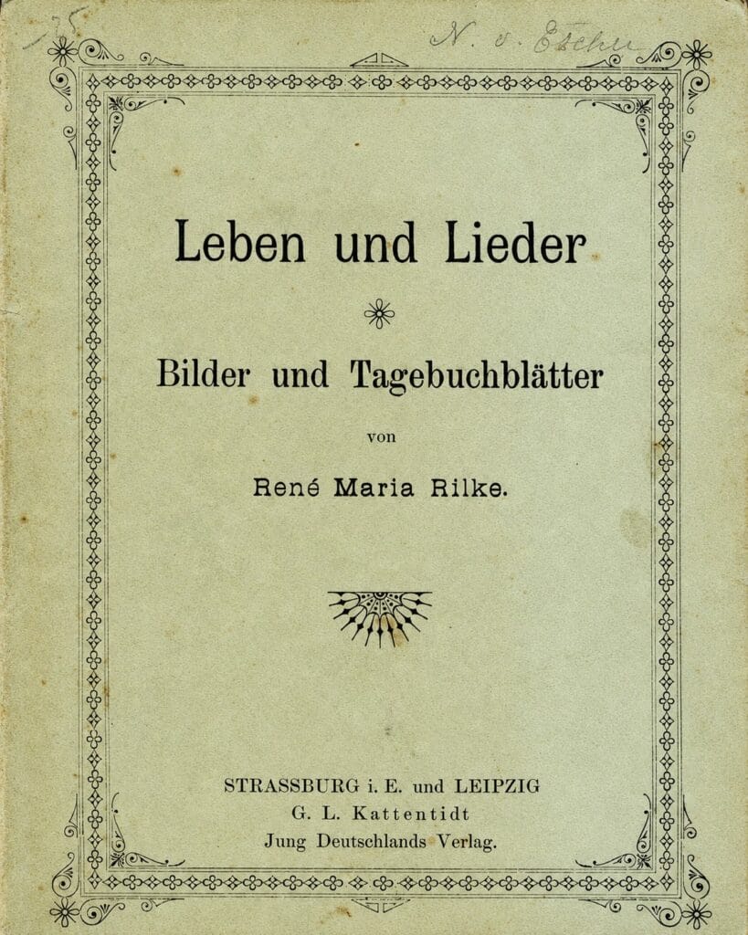 First-edition cover of Rainer Maria Rilke's 1894 debut poetry collection, Leben und Lieder: Bilder und Tagebuchblätter, published under the name René Maria Rilke.