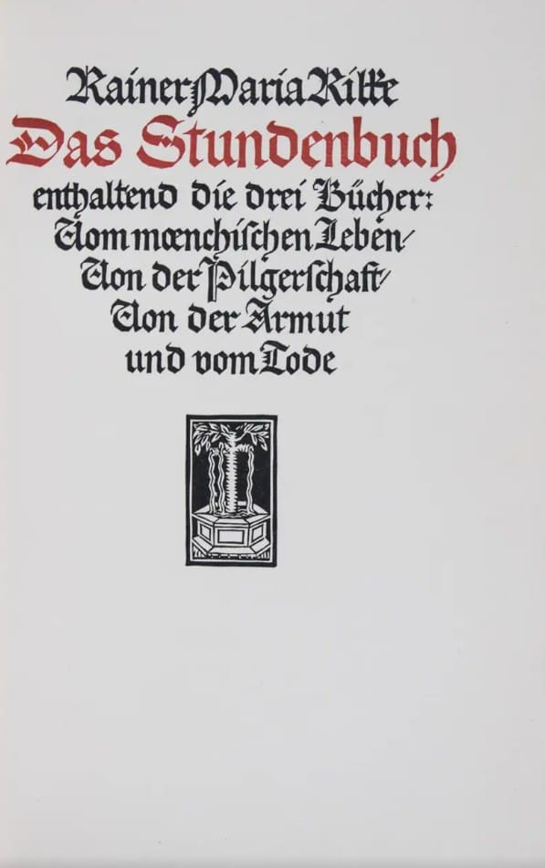 Title page from a German edition of Rainer Maria Rilke's Das Stunden-Buch, listing its three sections: The Book of Monastic Life, The Book of Pilgrimage, and The Book of Poverty and Death.