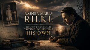 Featured image showing Rainer Maria Rilke writing at his desk beside childhood photographs and manuscripts, representing his lifelong search for a death that would truly be his own.