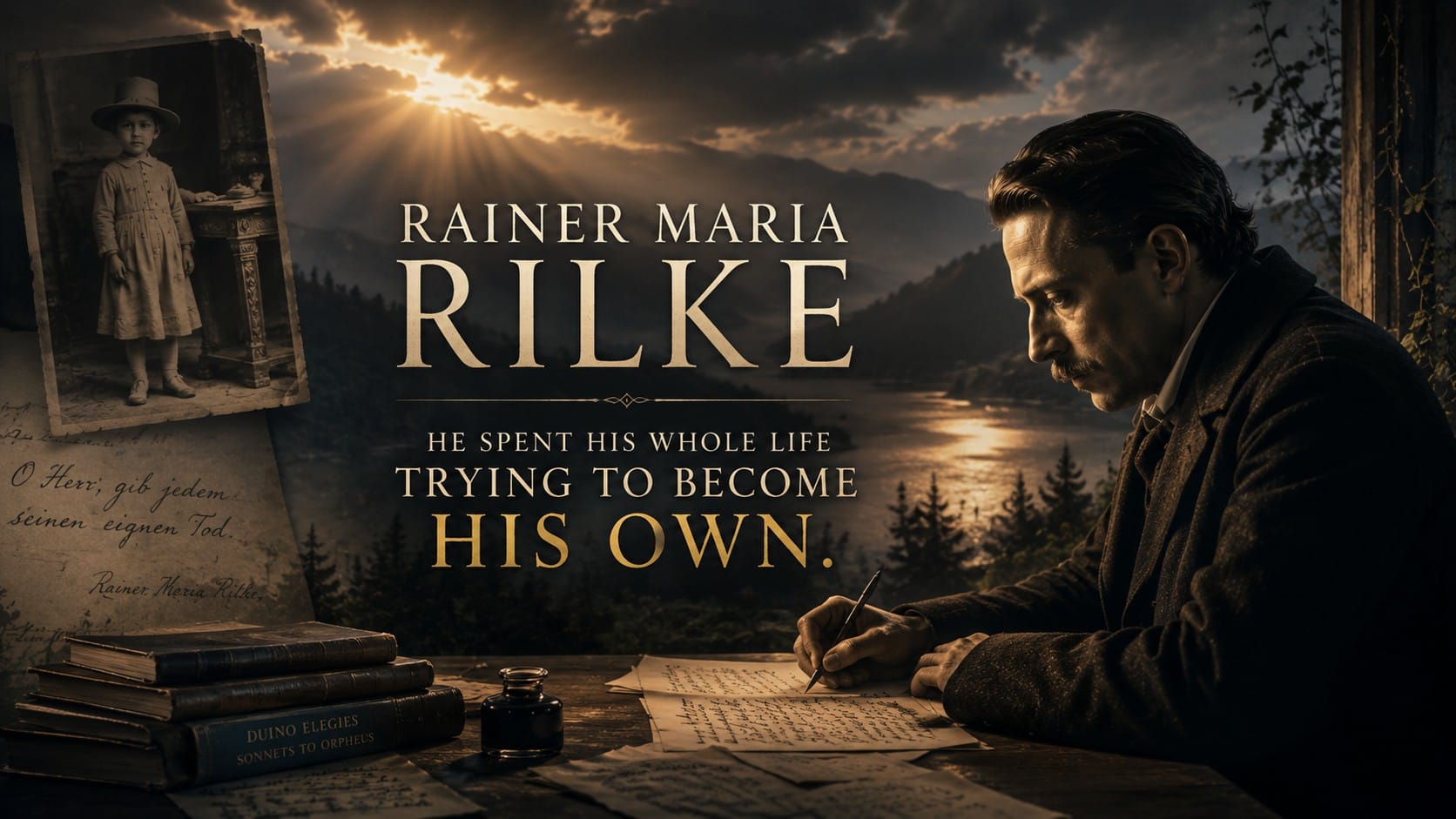 Featured image showing Rainer Maria Rilke writing at his desk beside childhood photographs and manuscripts, representing his lifelong search for a death that would truly be his own.